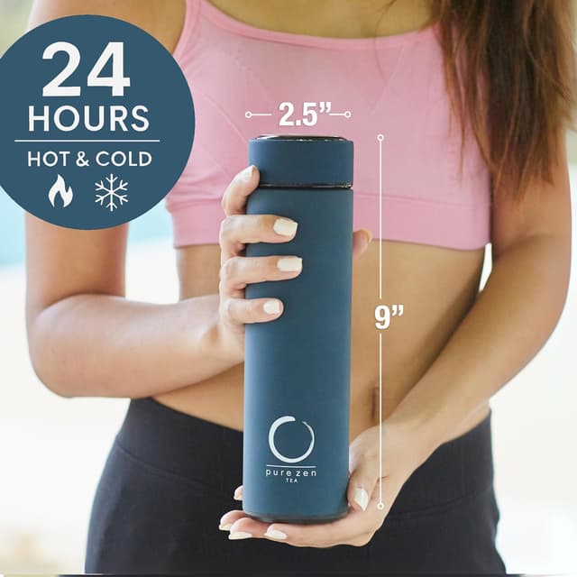 Detalle 2 de Pure Zen Tea Thermos with Infuser (Leakproof Travel Mug, Stainless Steel, 15oz) – Blue