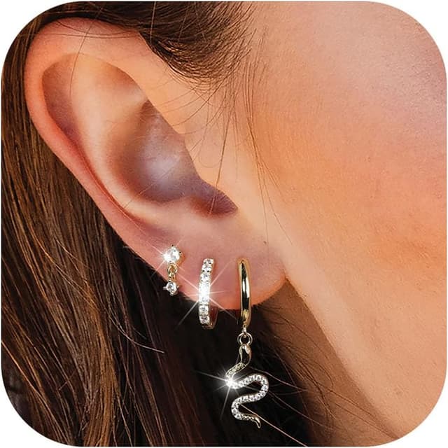 Detalle de Ensemble de 3 paires de boucles d’oreilles MACACHII en argent 925 plaqué or 14K et zircon (huggies, serpent CZ, clous) hypoallergéniques