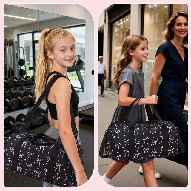 Detalle de LOIDOU Sporttasche Reisetasche mit großem Schuhfach & Nassfach – Schwarz/Rosa (Herz + Bogen)