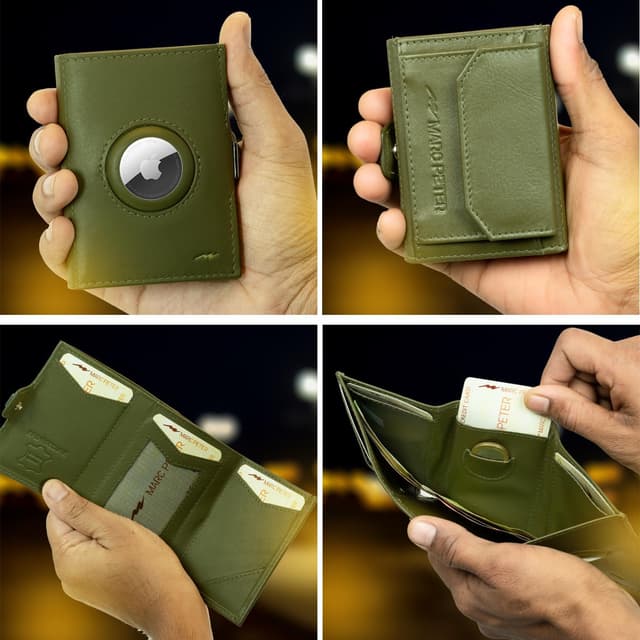 Detalle 2 de Marc Peter Jupiter Airtag Echtleder Geldbörse mit XL-Münzfach – kleines AirTag-Portemonnaie für Herren in Grün