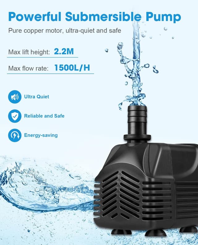 Detalle 2 de Wasserpumpe Klein Tauchpumpe 25W (bis 1500 l/h) – mit 2,5 m Kabel, 1,5 m Schlauch und 2 Düsen
