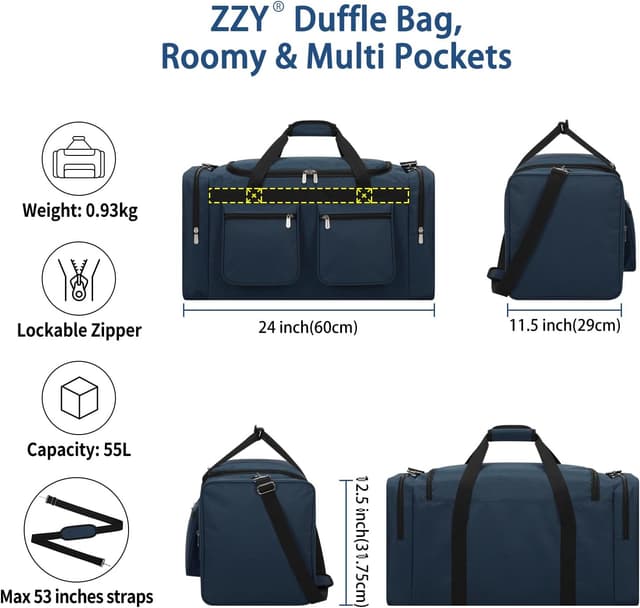 Detalle 2 de ZZY Men’s 55L Gym Bag Sports Duffle with Lockable Zipper (24 inch) – Navy Blue