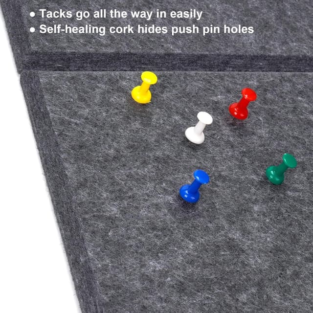 Detalle de Cork Board Alternative felt wall pin board tiles, 90 x 60 cm (6 pack) – dark gray, with 20 pushpins