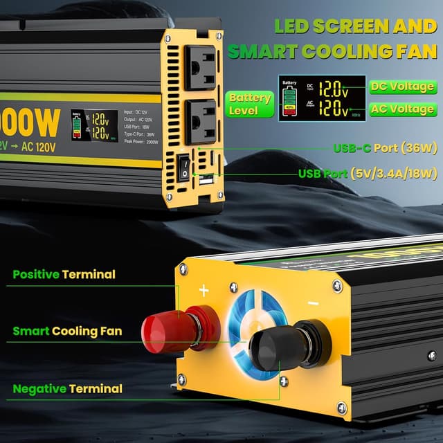 Detalle de ALEOPIX 1000W Power Inverter (12V to 110V) for Vehicles with Dual AC, LED Display & USB Ports (Surge 2000W)