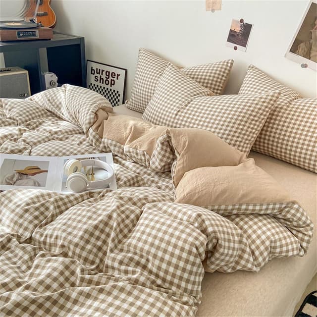 Detalle de Parure de lit Michorinee Housse de couette carreaux vichy 240 x 260 cm beige/marron avec 2 taies 65 x 65 cm