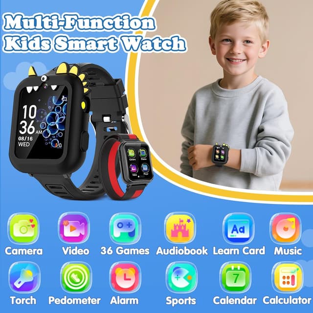 Detalle de Kids Smart Watch Boys Gift (Ages 3–12) with 39 Games, HD Camera/Video, Music, Pedometer & Alarm Clock