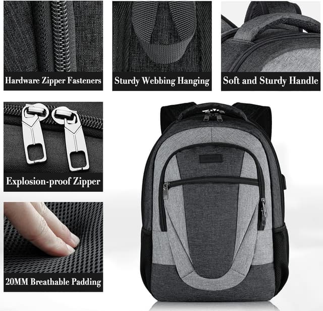 Detalle de BIKROD Rucksack für Damen & Herren mit 17,3-Zoll-Laptoptasche, USB-Anschluss und Anti-Diebstahl-Schutz