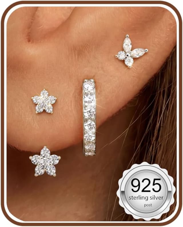 Detalle 2 de JeweBella 3er-Set Ohrringe aus Sterlingsilber 925: Ohrstecker & Creolen mit Zirkonia (vergoldet) für Damen