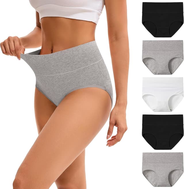 Detalle de INNERSY Damen Slips aus Baumwolle mit Stretch, hohe Taille – 5er Pack