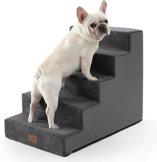 Detalle de COZY KISS Wide Dog Stairs for Small Dogs – 5-Step Non-Slip Pet Steps (Dark Grey)