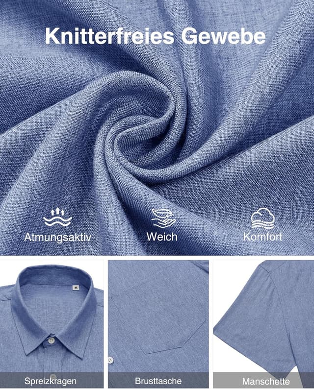 Detalle 2 de J.VER Leinenhemd Herren mit Kruzarm, Regular Fit – leichtes Sommerhemd mit Brusttasche