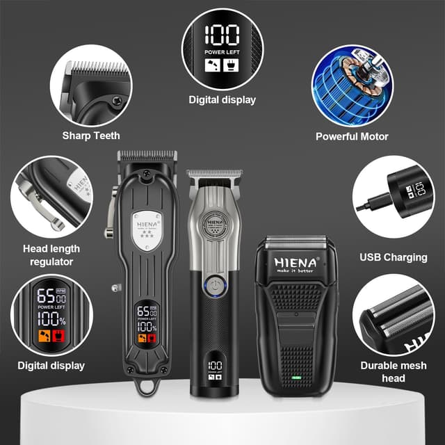 Detalle 2 de HIENA PRO Professional Cordless Hair Clippers & Beard Trimmer Set with Foil Shaver (Home Hair Cutting Kit)