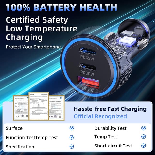 Detalle de Caricatore auto USB 3 porte 93W con USB-C PD 45W/30W e QC3.0 18W
