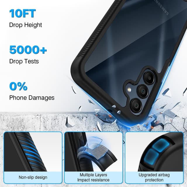 Detalle de CENHUFO for Samsung A17 / A16 Case with built-in screen protector and 360° shockproof cover (Black/Clear)