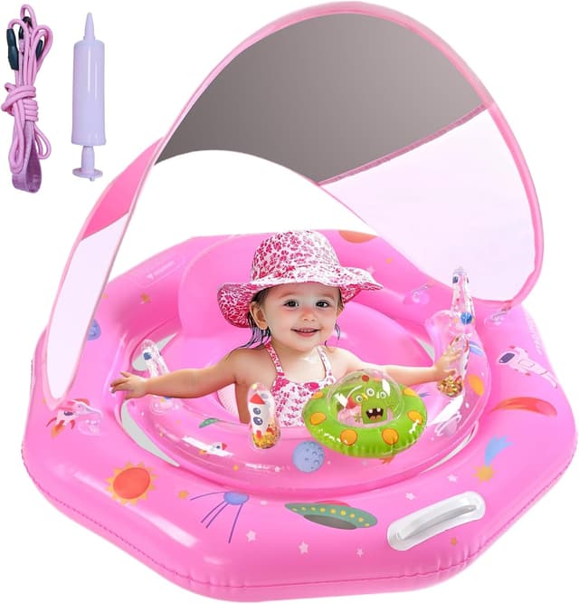 Detalle de Baby Pool Float for 6-36 Months with UPF50+ Canopy, Adjustable Safety Seat, Toy Play Console & Safety Leash