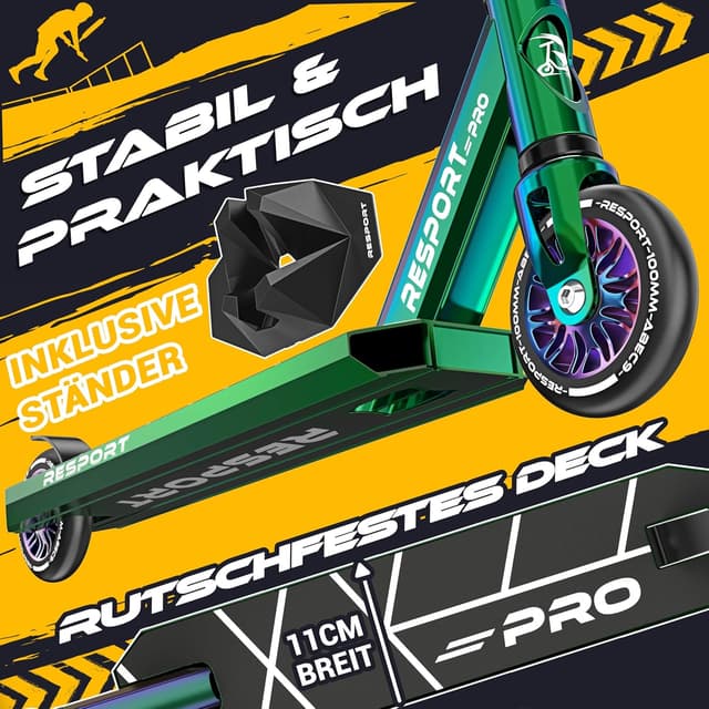 Detalle de RE:SPORT REVO PRO Stunt-Scooter mit Ständer, 110-mm PU Wheels & Y-Bar (ABEC 9, HIC-Kompression)
