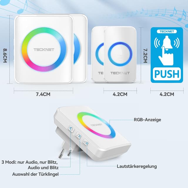 Detalle 2 de TECKNET Funkklingel 400 m Reichweite Set