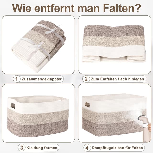 Detalle 2 de 60L Aufbewahrungskorb Klein aus Baumwollseil (Geflochten) mit Griffen – grau meliert für Kinderzimmer, Wäsche & mehr