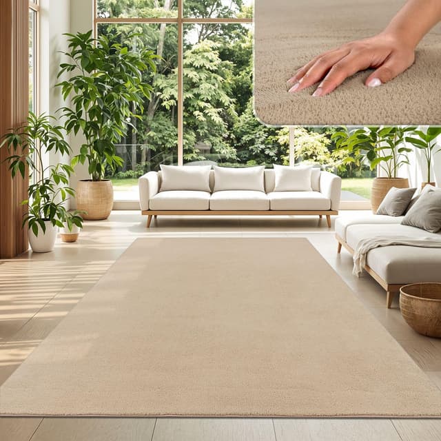 Detalle de TT Home Wohnzimmer-Teppich Kurzflor, Anti-Rutsch-Rückseite, waschbar – Dunkelbeige, 140x200 cm
