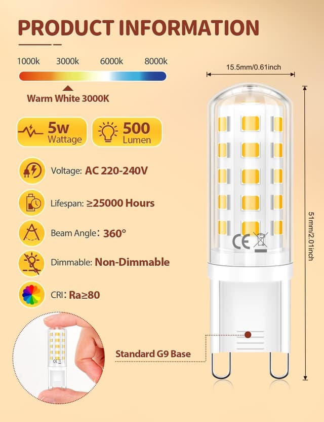 Detalle 2 de G9 LED Bulbs Warm White (12 Pack) – 5W 3000K, 500LM, CRI>80, 360° Beam, No Flicker (Non-Dimmable)