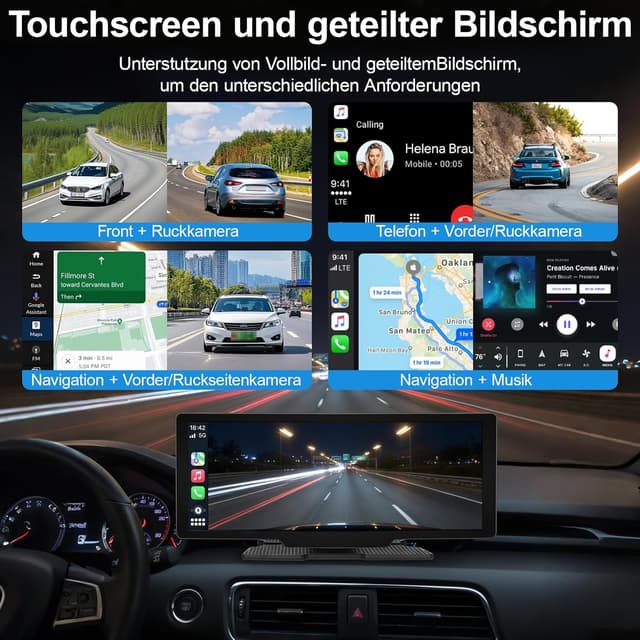 Detalle de 10,26-Zoll Wireless CarPlay/Android Auto Display mit 4K Dashcam & Rückfahrkamera, Bluetooth, Split Screen und FM/AUX