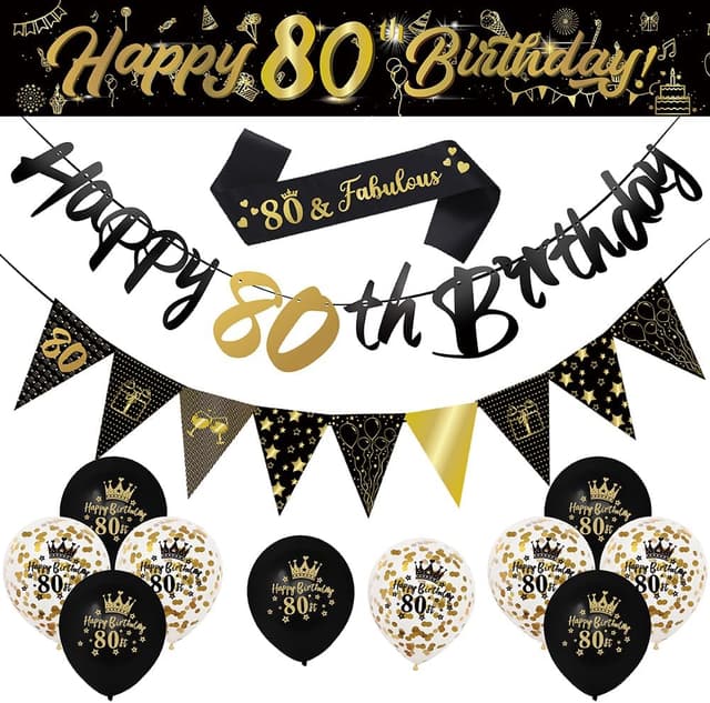 Detalle de 14 Pieces 80th Happy Birthday Decorations Kit (9ft Banner, Triangle Flags, Confetti Balloons)
