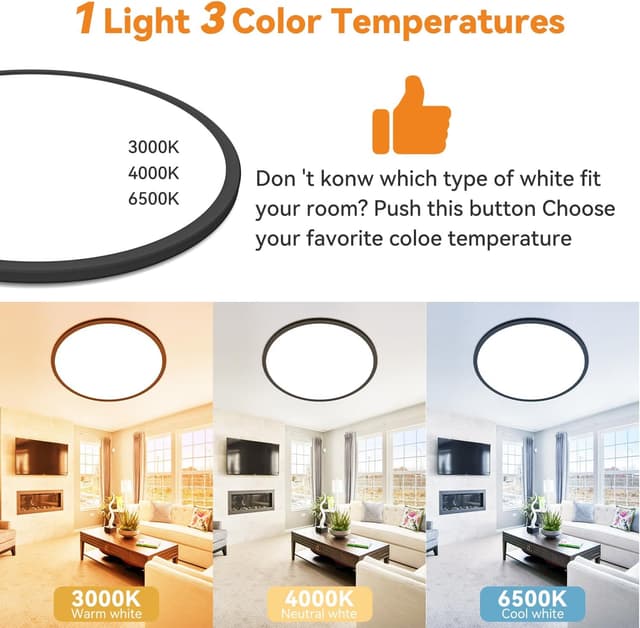 Detalle 2 de slochi LED-Deckenleuchte flach 36W, Ø40 cm, 3-Farb-Modus (3000K/4000K/6500K) – IP44 für Bad & Küche, Schwarz