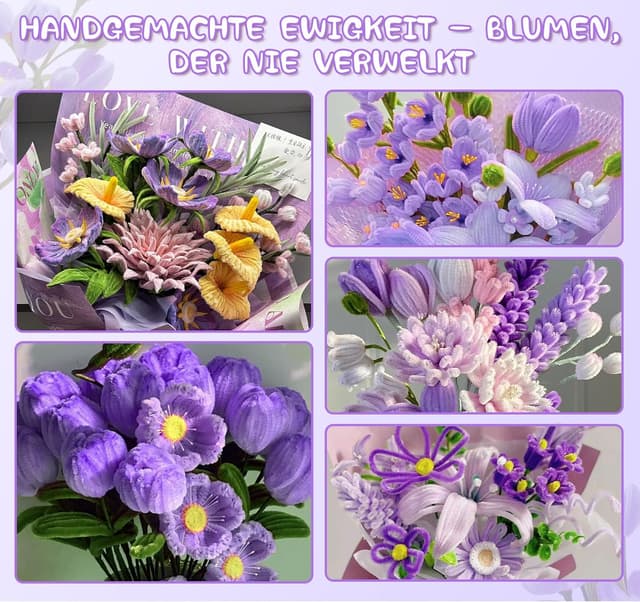 Detalle de Tulpe Pfeifenputzer Bastelset mit 400 Stück – DIY Blumen & Deko in 5 Farben (lila)