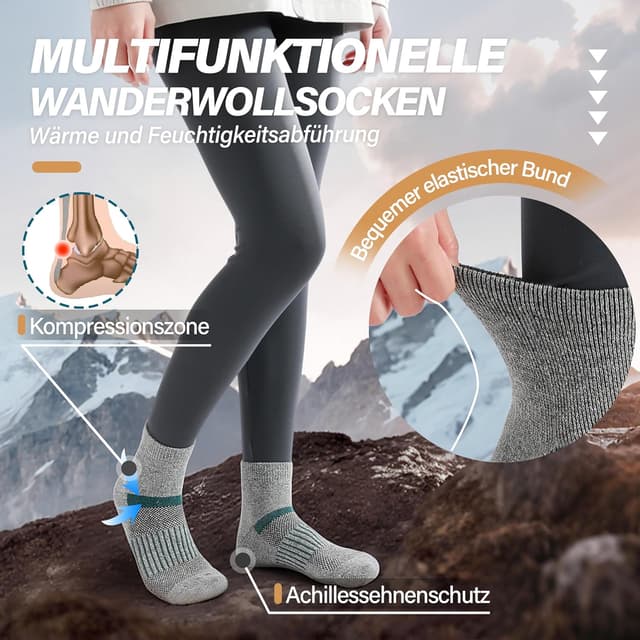 Detalle de MOSEY KOSY Merino Kurz Viertellänge Wandersocken – 6 Paar Thermo-Sneaker-Socken für Herren & Damen