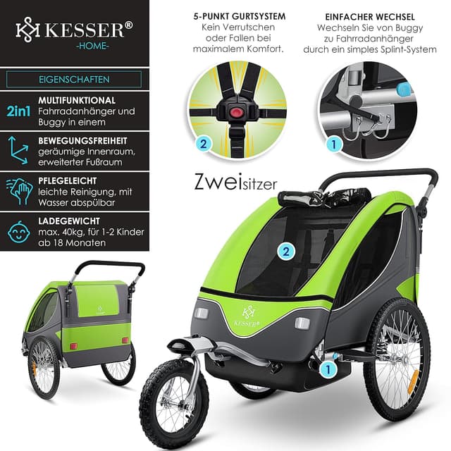 Detalle de KESSER Kinderfahrradanhänger 360° drehbar (2in1 Joggerfunktion) mit Federung und 5-Punkt-Gurt, inkl. Warnfahne