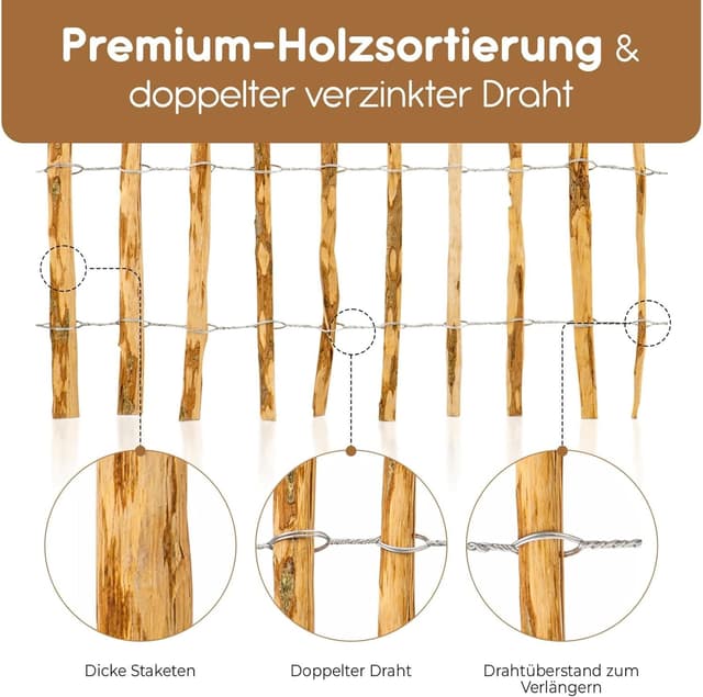 Detalle 2 de BooGardi Staketenzaun 50 cm hoch (50 cm x 5 m) – Holz-Gartenzaun mit Lattenabstand 7–9 cm