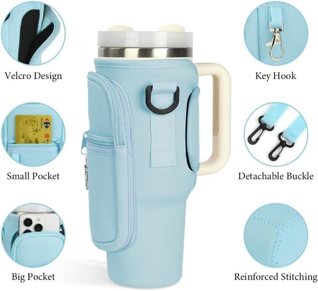 Detalle de AYESY Water Bottle Carrier Bag for Stanley Quencher 40 oz (Blue) with Adjustable Strap & Phone Pocket