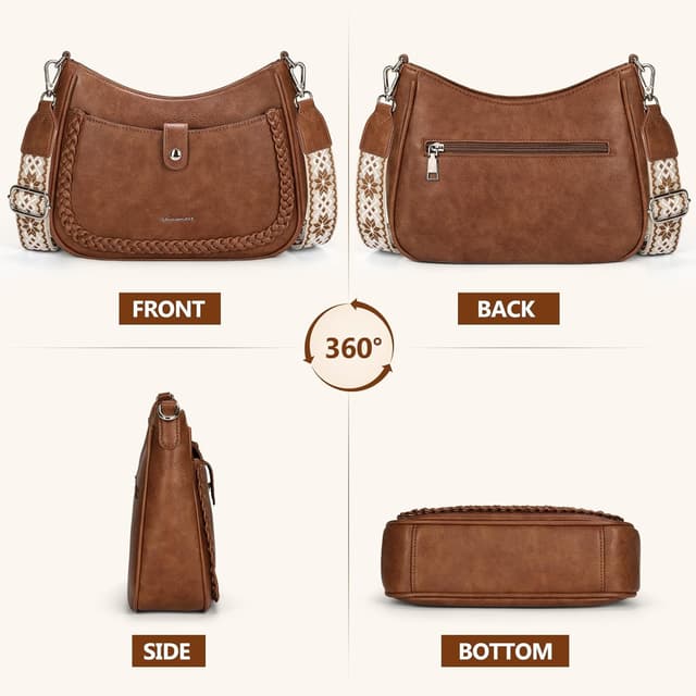 Detalle de RAINSMORE sac bandoulière femme en cuir PU, bandoulière large réglable et amovible, multiples poches (brun)