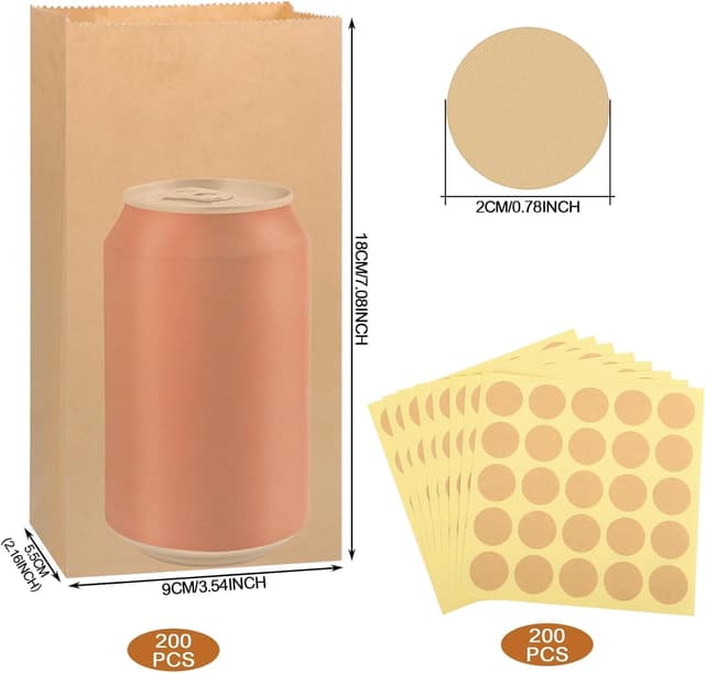 Detalle 2 de 200 kleine Papiertüten aus Kraftpapier (18 x 9 x 5,5 cm) inkl. runder Aufkleber für Hochzeit, Ramadan, Geburtstag & mehr