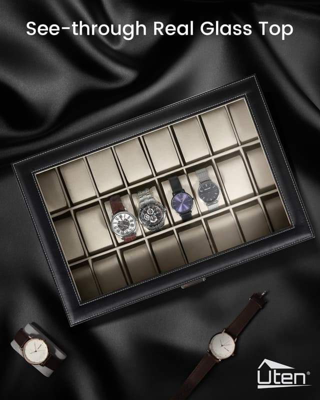 Detalle de Boîte à montres Uten avec clé, coffret de rangement en cuir synthétique noir (24 compartiments)