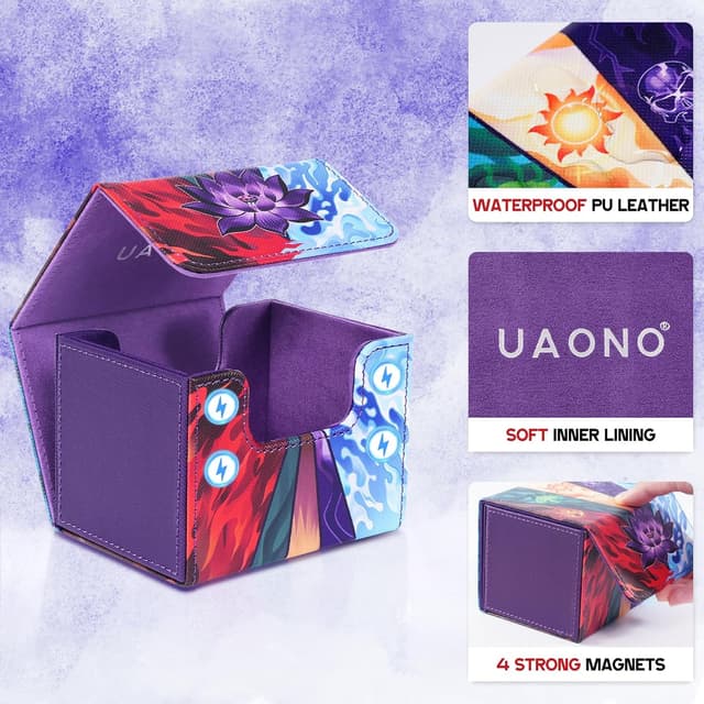 Detalle de UAONO Card Deck Box für MTG: Kartenbox für bis zu 120+ Sleeved Commander Deck (PU-Leder, Magnetverschluss, 2 Divider) – Schwarz/„Lotus“
