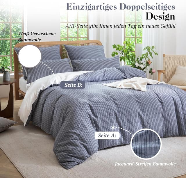 Detalle 2 de SOULFUL Bettwäsche-Set 155x220 aus Baumwolle gestreift (Jacquard), 1x 155x220 + 1x 80x80, marineblau