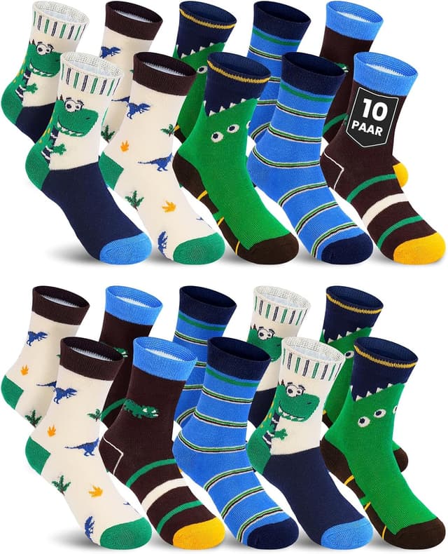 Detalle de Kyopp 10 Paar Kinder-Socken (Mädchen & Jungen) – klassische Crew Socks aus Baumwolle mit lustigen Mustern