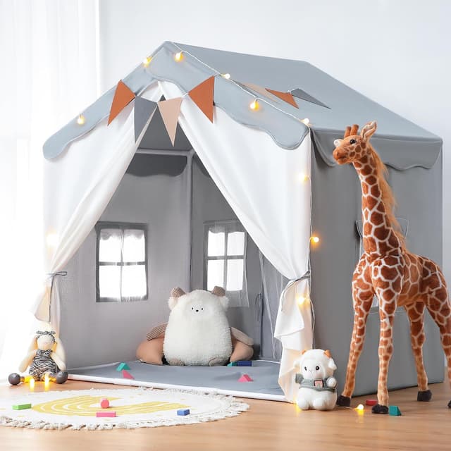 Detalle de besrey 2-in-1 Kinderzelt Indoor „Spielhaus“ mit Matte (130 x 90 x 130 cm), Spielzelt/Bettzelt für drinnen ab 3 Jahren – Grau