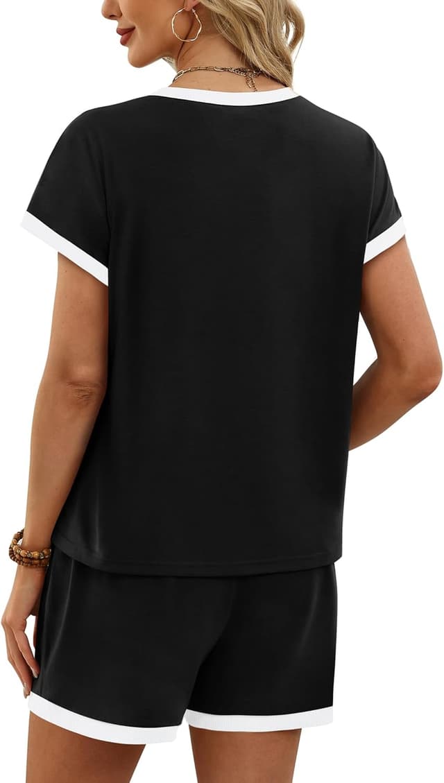 Detalle de WIHOLL Women’s Two-Piece Summer Lounge Set (Cap Sleeve Crew Neck Top + Drawstring Shorts with Pockets) XS–2XL