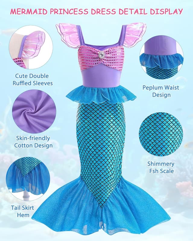 Detalle 2 de Costume da principessa sirena Ariel Dtiaagto per bambine e ragazze (età 3-10 anni) con parrucca e accessori glitter