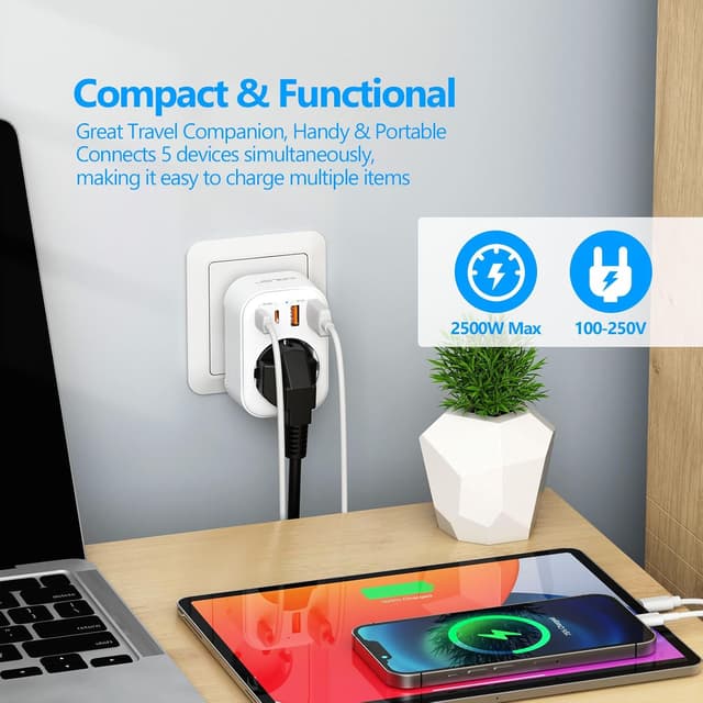 Detalle de JSVER JSVER-PA1042 adattatore di viaggio universale con 2 USB-A, 2 USB-C (PD 20W) e presa CA