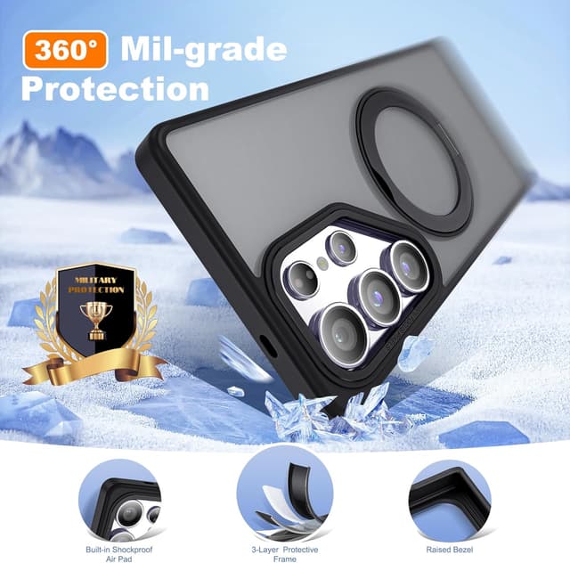 Detalle de Zalinbo for Samsung Galaxy S25 Ultra Case with 360° Rotatable Magnetic Ring Stand (Mag-Safe Compatible) - Black