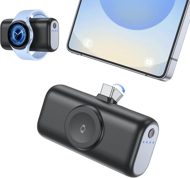 Detalle de Mini Powerbank für Samsung & Galaxy Watch (5000 mAh, 3-in-1) – kompakter Notstrom mit Schnellladefunktion