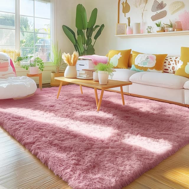 Detalle de Homaxy Fluffy Shaggy Rug (140 x 200 cm) – Anti-slip, machine washable shag rug for living room, kids room and nursery (Pink)