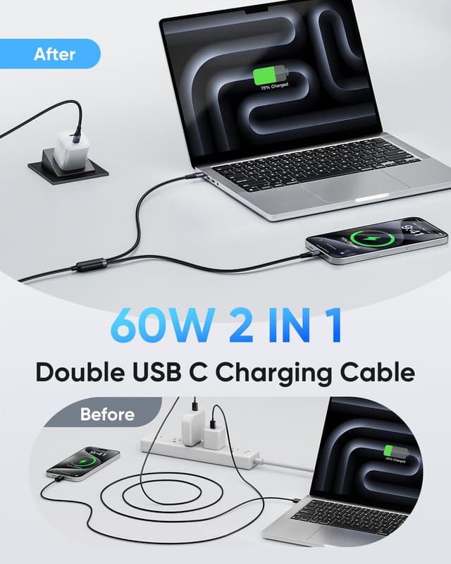 Detalle de SUNGUY Câble USB‑C 2 en 1 (USB‑C vers 2 USB‑C) 1,5 m – jusqu’à 60 W et transfert USB 2.0