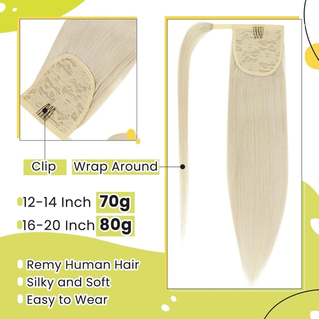 Detalle 2 de RUNATURE Coda Capelli Veri Extension Biondi 22 pollici / 55 cm con #800 Bianca Wrap Around (80 g) in stile Cavallo