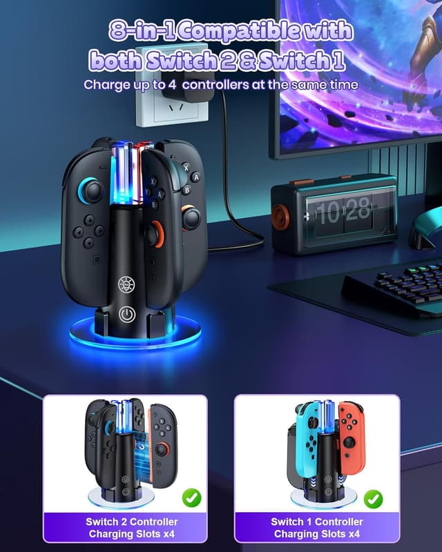 Detalle 2 de Switch Controller Ladestation für Joy-Con 2 & 1 mit RGB-Lichtern – kompatibel mit Nintendo Switch 2/1 & OLED