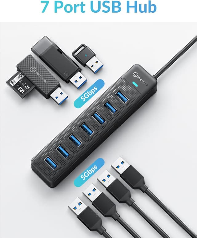 Detalle de PHIXERO 7-Port USB 3.0 Hub mit 100 cm Kabel (5 Gbit/s, 7 Anschlüsse)