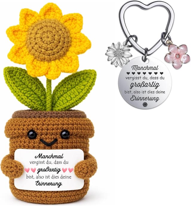 Detalle de Farbeele Positiver Sonnenblumen & Glücksbringer-Schlüsselanhänger Set – Pocket Hug als Geburtstagsgeschenk